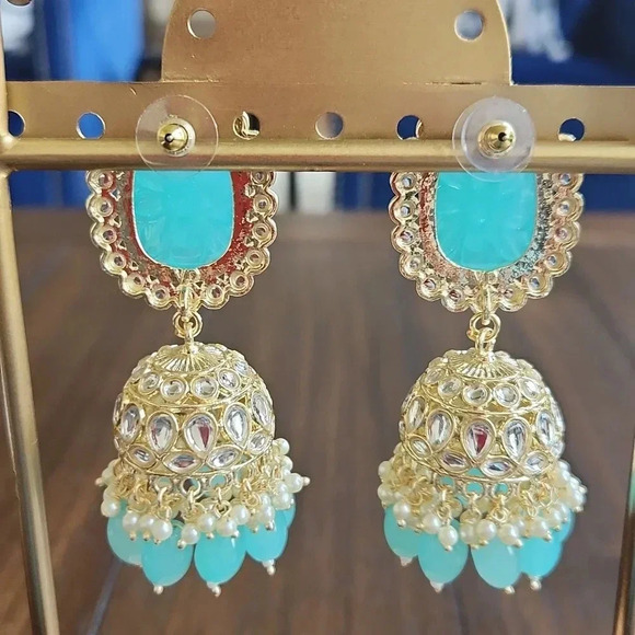 Bollywood Style Carved Blue and Gold Jhumkas - Picture 7 of 8